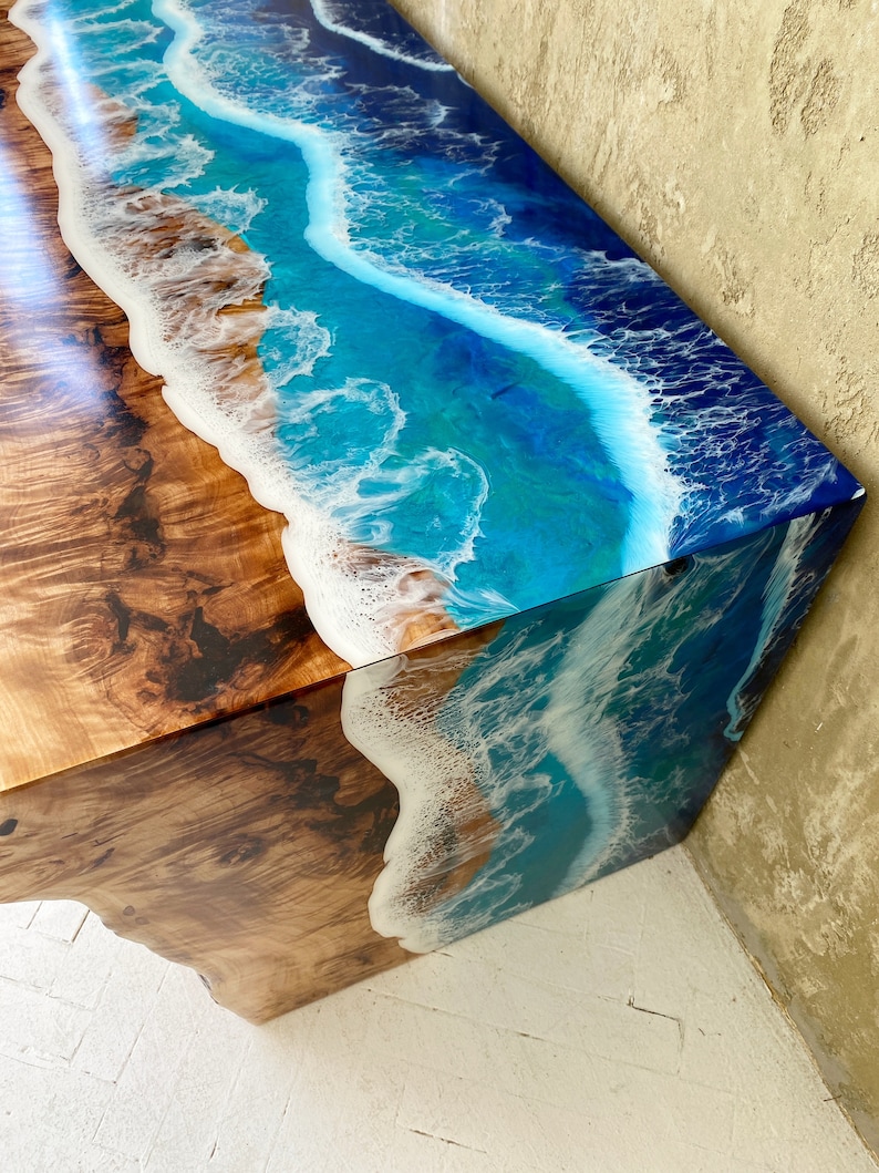 Ocean wave resin table, Beach table, Customized decor, Wooden table, Blue epoxy table, Housewarming gift, Sofa table, Wooden furniture