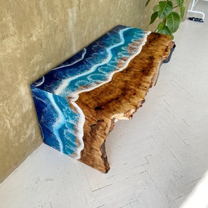Ocean wave resin table, Beach table, Customized decor, Wooden table, Blue epoxy table, Housewarming gift, Sofa table, Wooden furniture