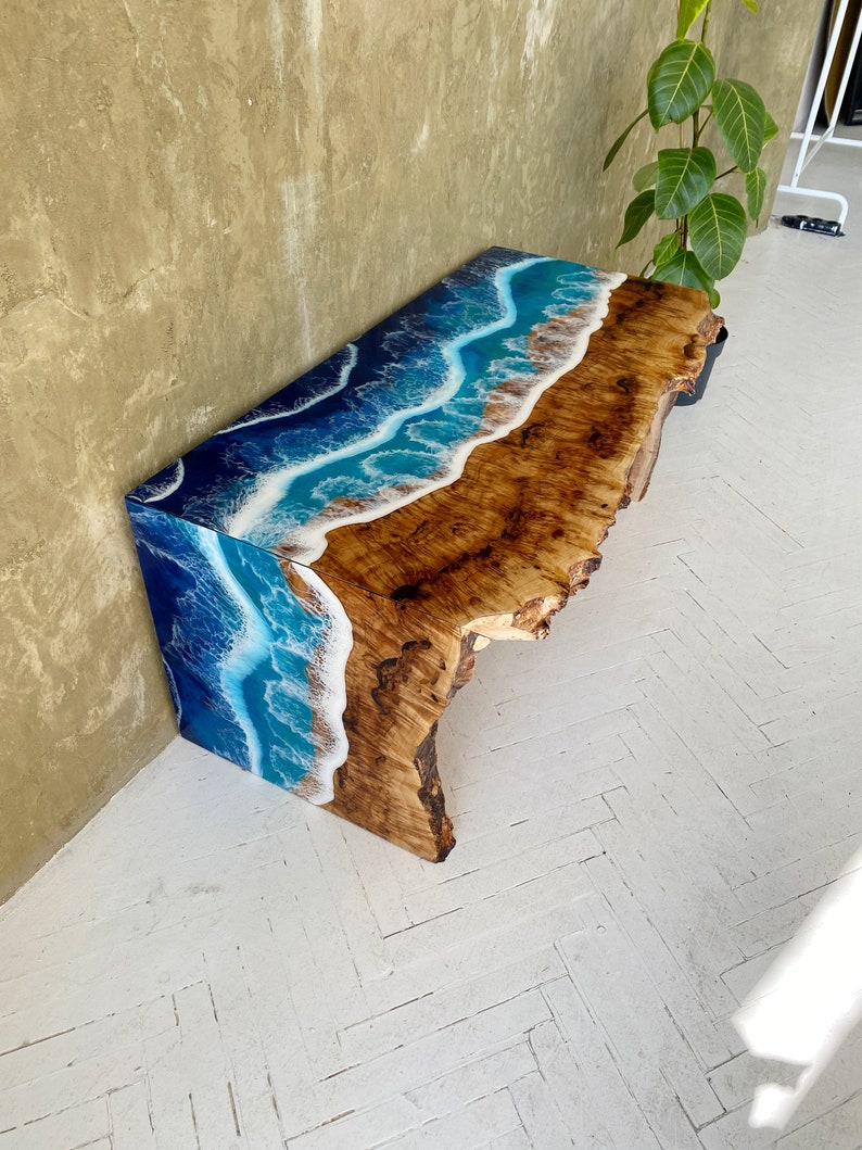 Ocean wave resin table, Beach table, Customized decor, Wooden table, Blue epoxy table, Housewarming gift, Sofa table, Wooden furniture