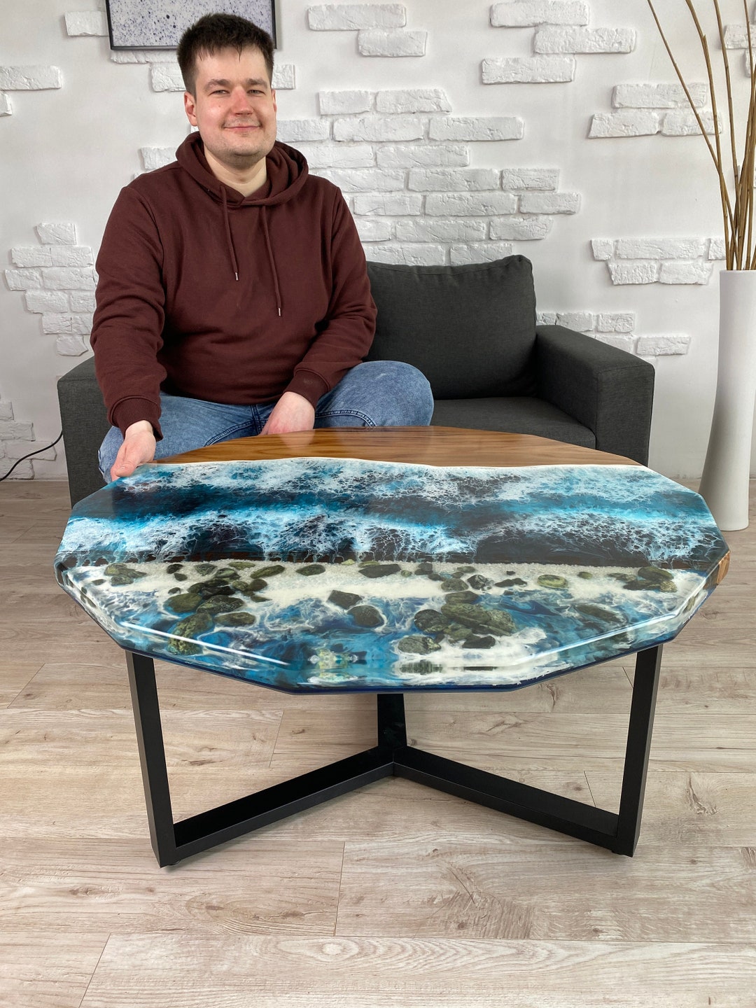 Fluorescent Ocean Epoxy Table, Living Room Round Table, Ocean Side ...