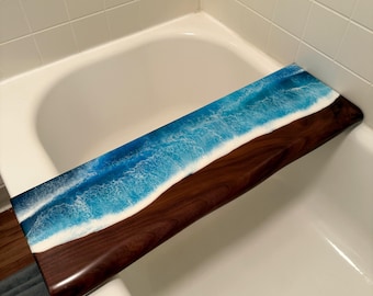 Bandeja de bañera con ondas de epoxi, estante de madera de nogal, estante de baño de lujo, bandeja de resina oceánica para spa, regalo relajante para ella.
