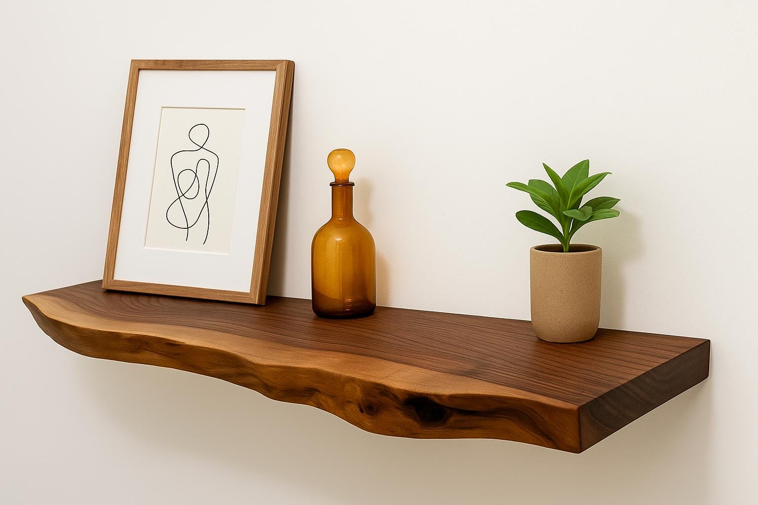 Estante de madera para dormitorio, estante flotante de losa, almacenamiento para sala de estar, estantería rústica, madera recuperada, estantes de pared de nogal con borde natural