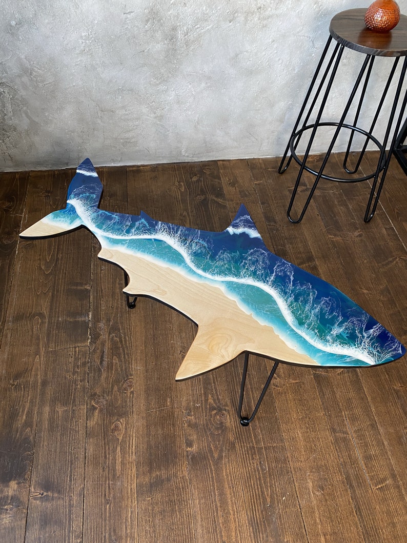 Shark Shape Table, Ocean Epoxy Resin Table, Fish Table, Blue Ocean Art, Wave Epoxy Table