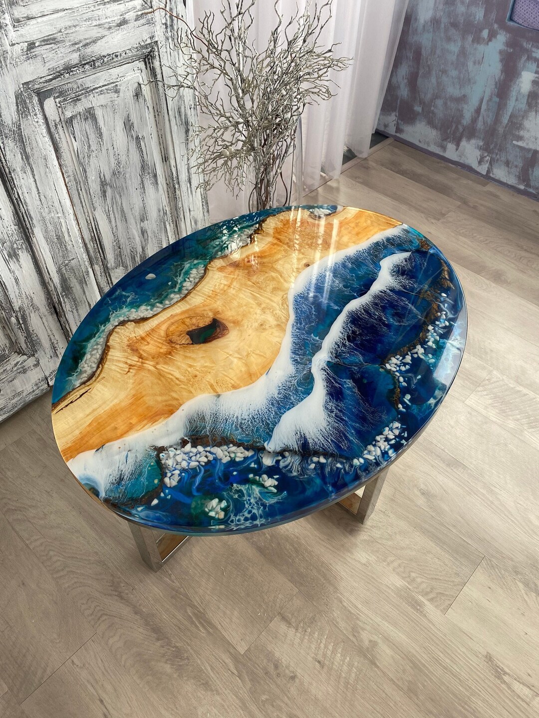 Oval Ocean Epoxy Coffee Table, Live Edge Wood Table, Coastal Resin ...