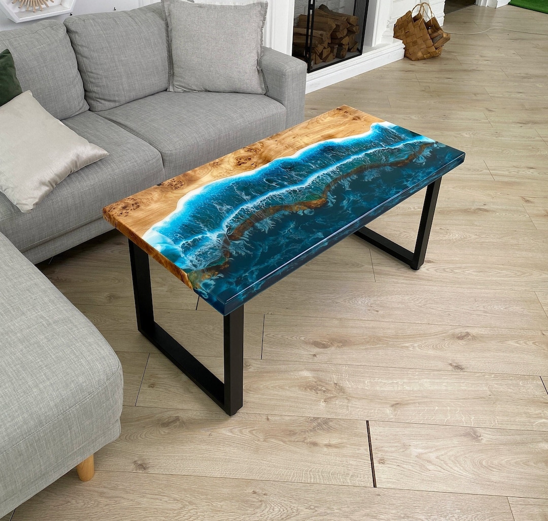 Ocean Epoxy Coffee Table, Blue Wave Resin Table, Solid Wood Coffee ...