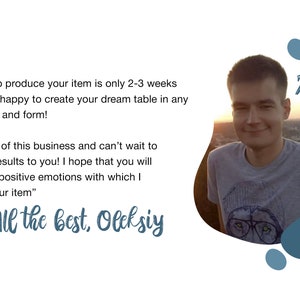 May include: A man smiles at the camera in front of a sunset backdrop. The text "THUNDER WOOD" is in the upper right corner of the image. The text below the man reads: "The time to produce your item is only 2-3 weeks. We will be happy to create your dream table in any size, color, and form! "I am fond of this business and can't wait to send the results to you! I hope that you will get all the positive emotions with which I created your item." All the best, Oleksiy"
