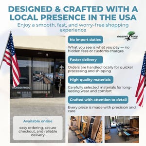 May include: Image promoting Thunder Wood, a local business in the USA. The image features the American flag, the company logo, and text highlighting no import duties, faster delivery, high-quality materials, and attention to detail. It also mentions online availability.