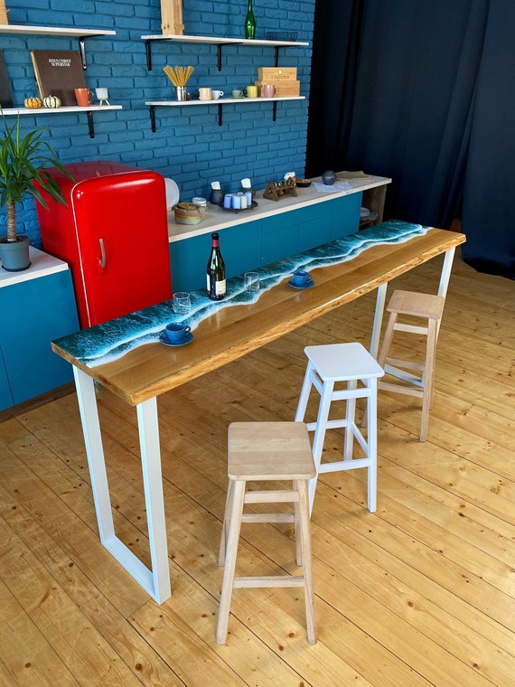 High Resin Wood Console, Entryway Furniture, Handmade Narrow Console Table, Ocean Bar Table, Waves Art Table, Long Buffet