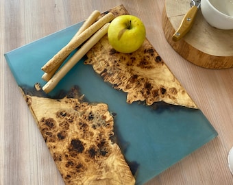 Resin Wood Cutting Board, Epoxy Charcuterie Board, Live Edge Serving Tray, Epoxy Walnut Chopping Board, Gift for Mom, Epoxy Kitchen Board
