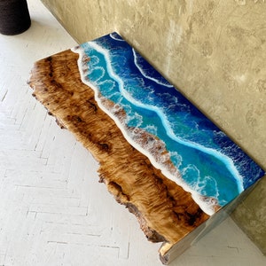 Ocean wave resin table, Beach table, Customized decor, Wooden table, Blue epoxy table, Housewarming gift, Sofa table, Wooden furniture