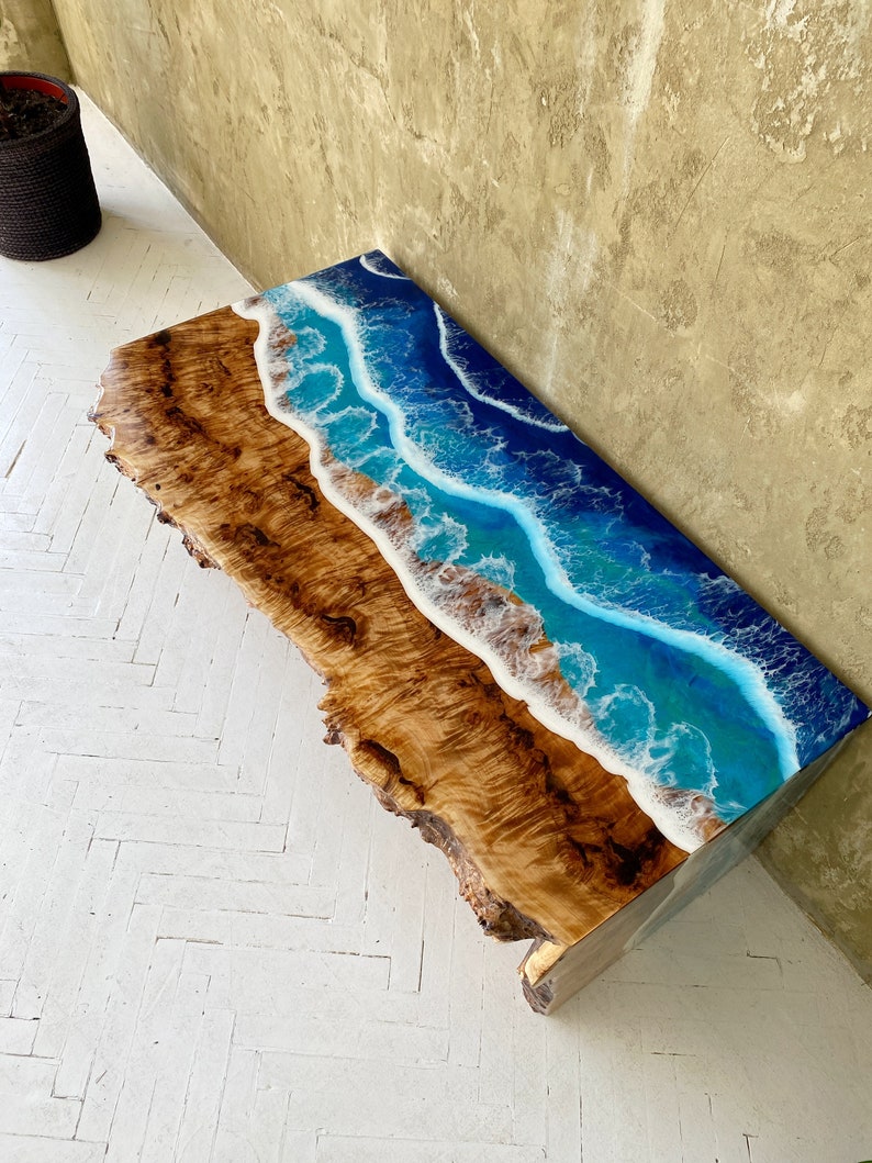 Ocean wave resin table, Beach table, Customized decor, Wooden table, Blue epoxy table, Housewarming gift, Sofa table, Wooden furniture