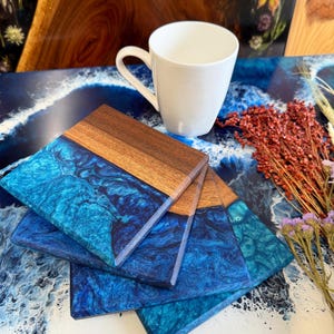 Blue Resin Wood Coasters, Wooden Drink Coasters, Big Coaster Set, Handmade Epoxy Coasters, Coastal Decor for Table, Simple Wedding Gift