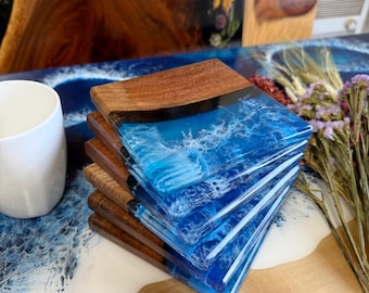 Ocean Resin Coasters Set, Blue Wave Epoxy Coasters with Wood, Beach House Decor, Handmade Coastal Coaster Set, Unique Housewarming Gift