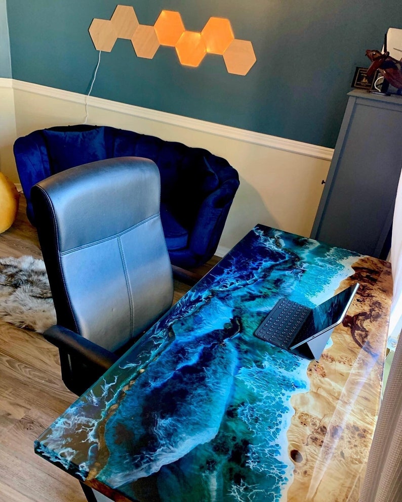 Resin Computer Table Ocean Epoxy Dining Table, Live Edge Wood Dining Table, Coastal Resin ...