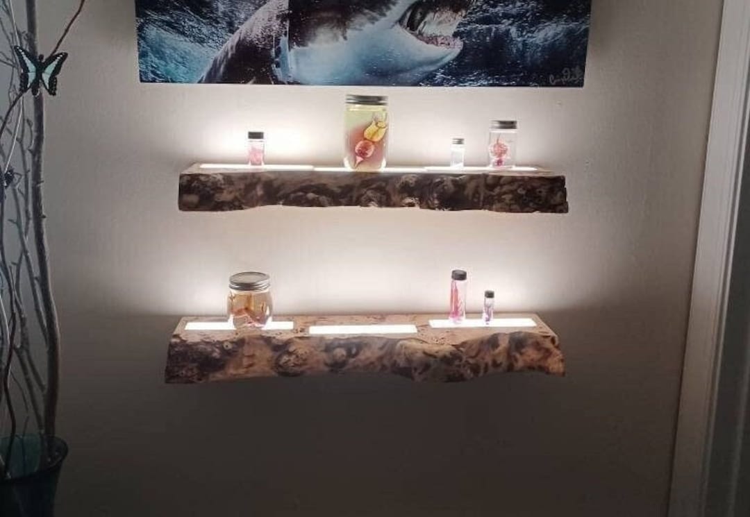 Live Edge Wood Floating Shelf With LED Light, Rustic Handmade Wall ...