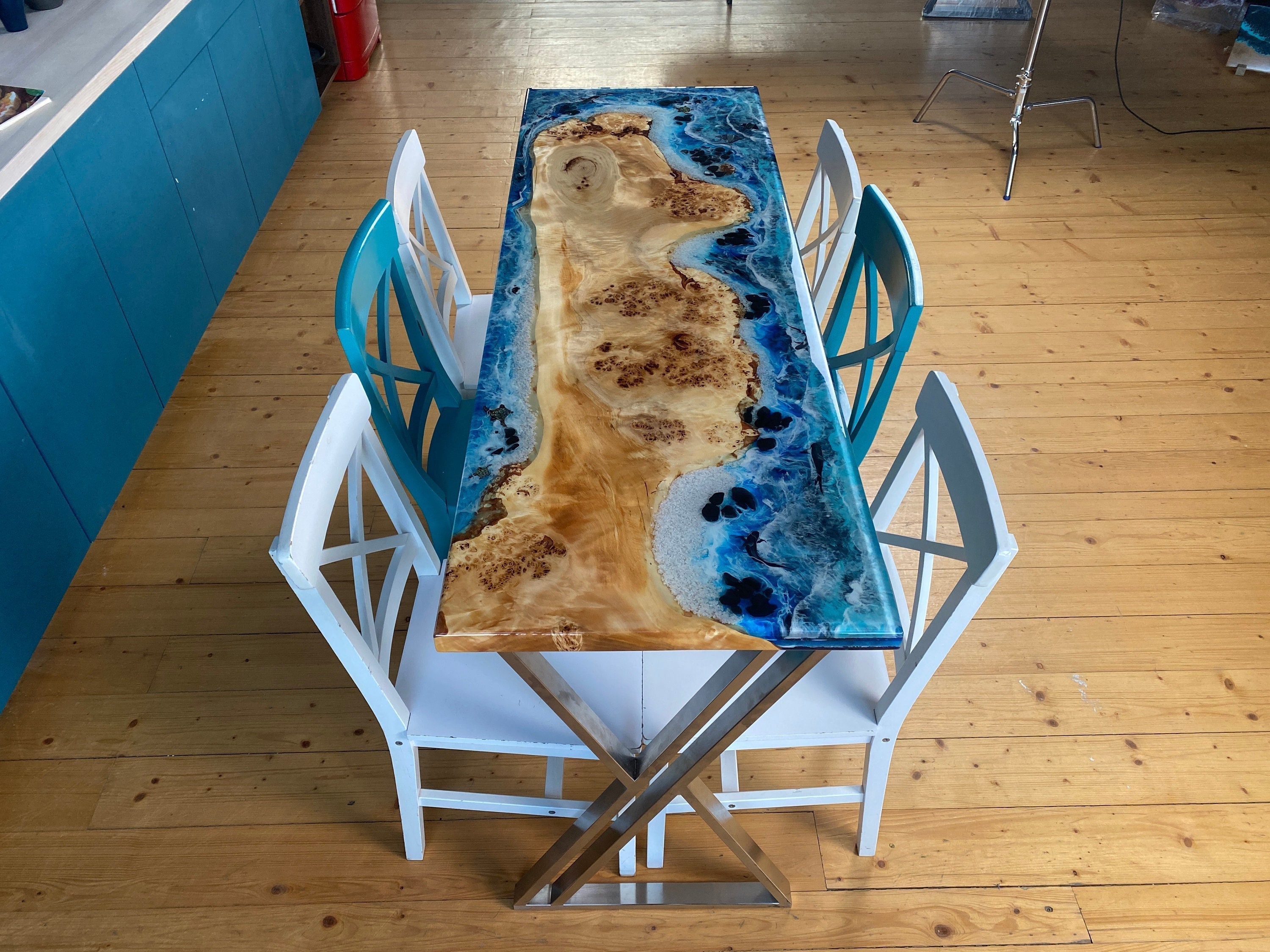 Resin Ocean Dining Table, Custom Wood Desk, Coastal Style Furniture ...
