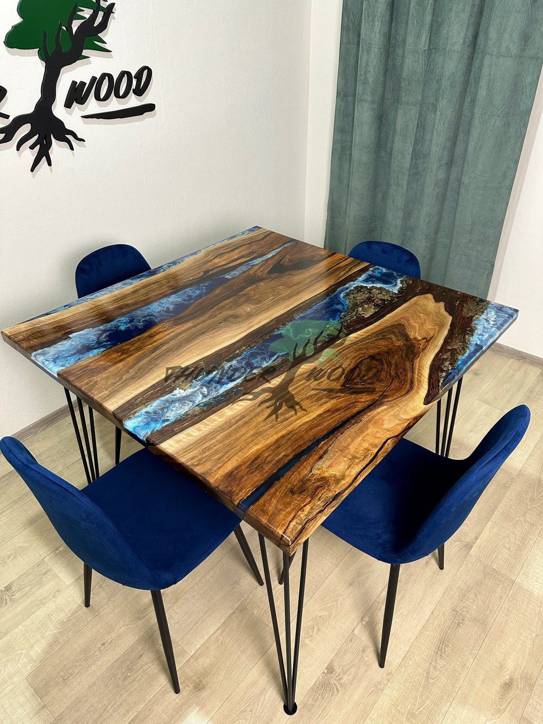 Buy Square Wood Dining Room Table, River Epoxy Resin Table