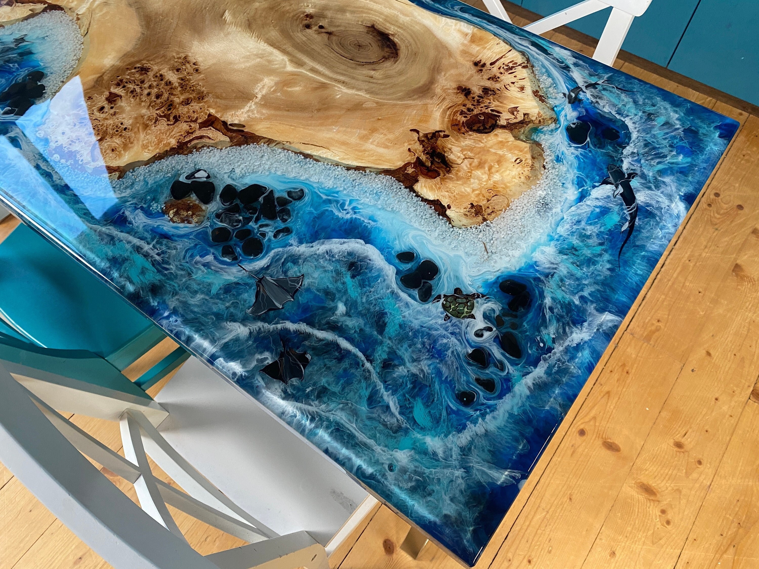 Resin Ocean Dining Table, Custom Wood Desk, Coastal Style Furniture ...