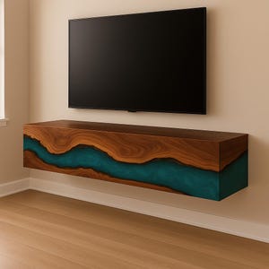 Schwimmende Luxus-TV-Konsole mit Epoxy-Front, moderne an der Wand befestigte Medieneinheit, kundenspezifisches hölzernes Unterhaltungszentrum, Designer-Wohnzimmermöbel