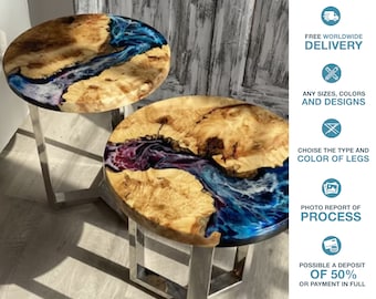 Epoxy Resin Table Set, Round Set of 2 Nesting Coffee Table, Wood Side Unique Coffee Tables, Modern Nest of tables, Handmade Round End Table