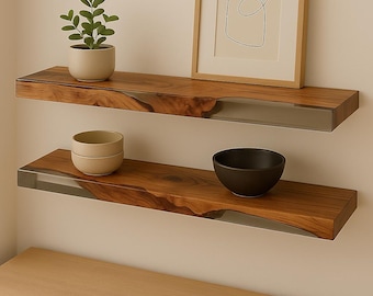 Floating Wall Shelf with Epoxy Resin, Modern Wood Floating Shelf, Minimalist Wall Shelf for Display Candles, Entryway or Living Room Decor