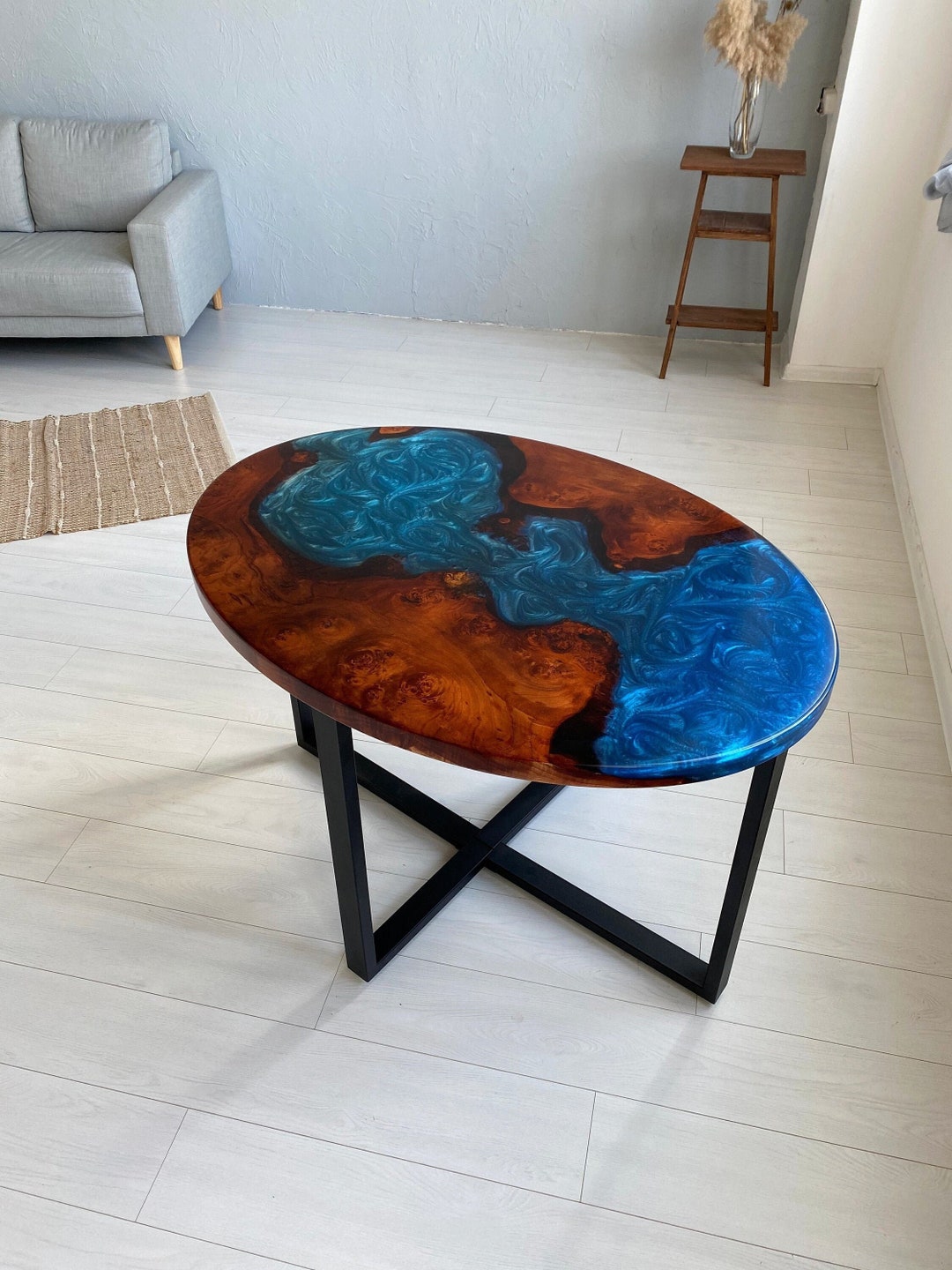 Custom Blue Epoxy Oval Table, River Epoxy Resin Table, Epoxy Living