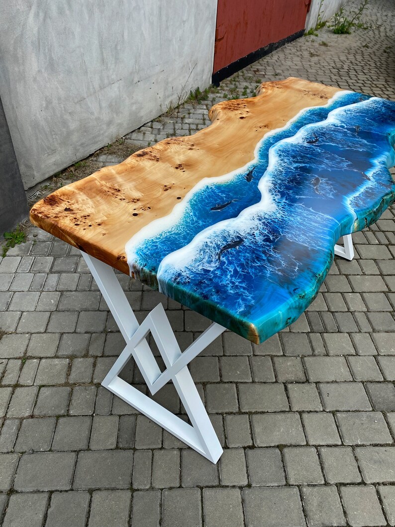Custom Ocean Epoxy Dining Table, Live Edge Coastal Table, Blue Resin ...