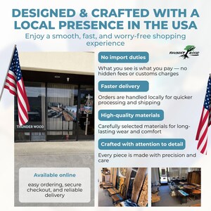 May include: A storefront with the text THUNDER WOOD and 480H on the glass, flanked by two American flags. The image includes text about local USA craftsmanship, no import duties, faster delivery, high-quality materials, and online availability.