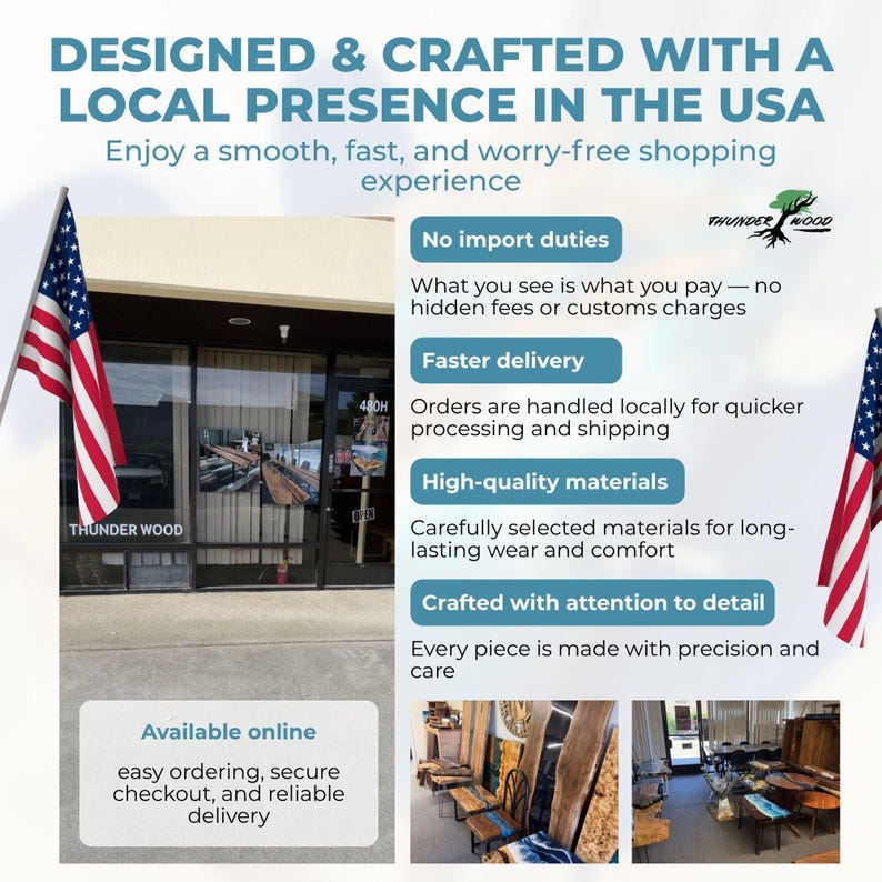 May include: A storefront with the text THUNDER WOOD and 480H on the glass, flanked by two American flags. The image includes text about local USA craftsmanship, no import duties, faster delivery, high-quality materials, and online availability.