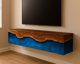 Floating TV Stand with Storage, Wall Mounted Media Console, Custom Epoxy Wood Shelf, Modern Minimalist TV Unit, Living Room Furniture