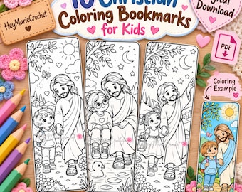 Walking with Jesus Coloring Bookmarks – Set of 10 Printable Christian Bookmarks for Kids, Bible Coloring Pages, Digital Download