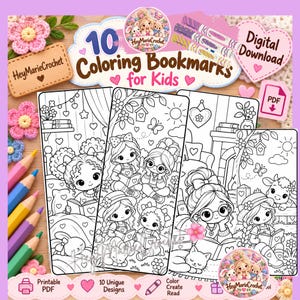 Op de afbeelding: Een set van 10 printbare kleurboekenleggers voor kinderen met zwart-wit lijntekeningen van lezende personages, dieren en natuurscènes. De digitale download bevat PDF-bestanden met unieke ontwerpen.