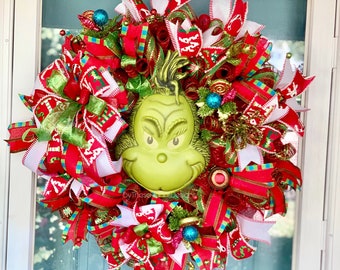 Deosdum Christmas Burlap Wreath,Christmas Thief Stole Grinch Burlap Wreath with Pose able Plush Legs,Christmas Decorations Exquisite Wreath Fram for Living Room Wall Window
