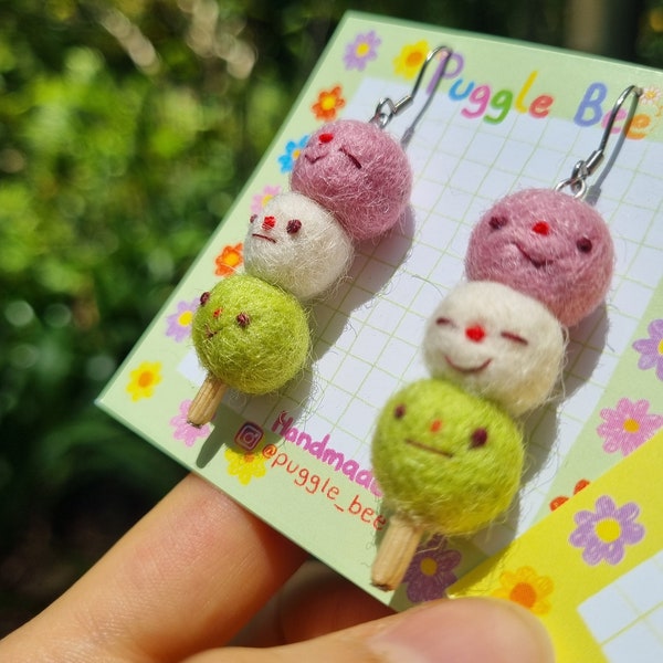 Felt dango earrings - handmade embroidered felted japanese sweets cute