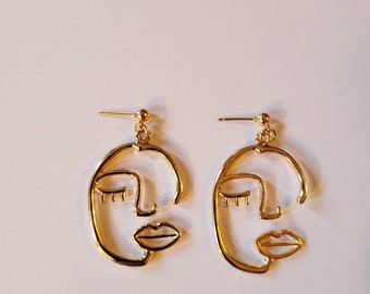 Gorgeous gold line art minimalist female figure nude face picasso earrings!
