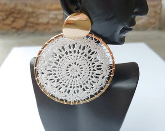 Beautiful white dream catcher crochet gold earrings!