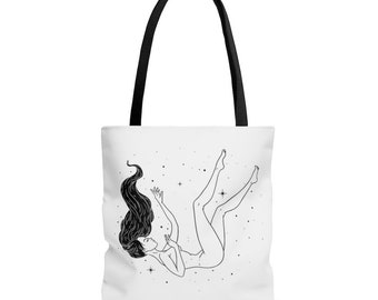 Girl falling line art Sun Set Moon Rise Tote Bag