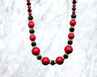 Red Crystal and Red Glass Pearls and Black Crystal Beaded Necklace