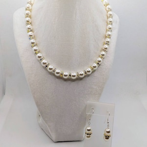 White Japanese Pearl Necklace and Earring Set with Crystals