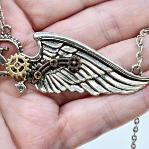 Steampunk Silver Wing with Copper Gears on a 22&quot; Stainless Steel chain Necklace