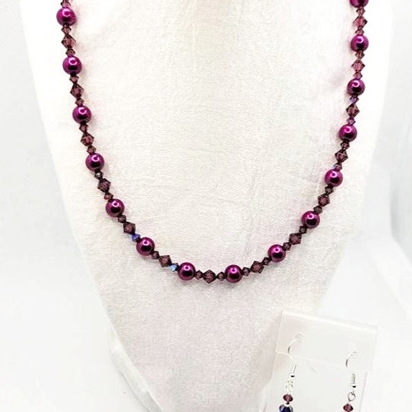 Handcrafted Berry Color Pearls and Amethyst Crystals Necklace with matching Amethyst  Crystals Drop Earrings Jewelry Set