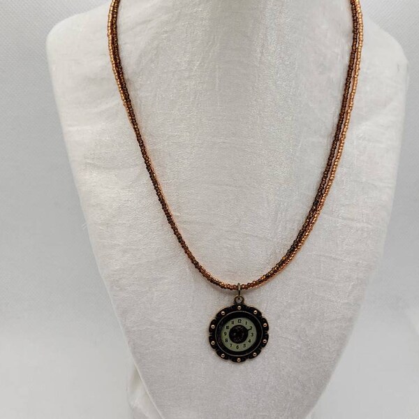 Two Strands of Copper Seed Beads with a Clockface Pendant in a Copper Frame Necklace