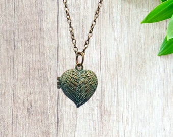 Antique Brass Finish Pewter Heart with Angel Wings Locket Necklace on 29 1/4" Brass Rolo chain