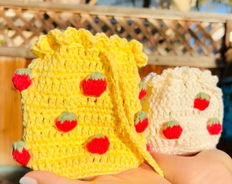 Handmade Strawberry Drawstring Bag - 100% Natural Cotton