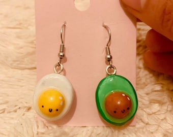 Cute Egg and Avocado earrings, Egg and Avocado keychains, Egg and Avocado lanyards, handmade polymer clay charms, kawaii charms