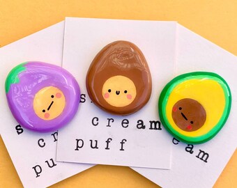 Cute Funky Vegetables: Avocado, Potato, and Eggplant Clay Pins, Keychains, and Lanyards