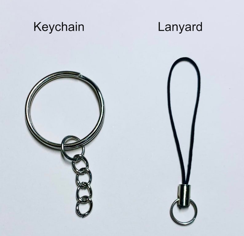 May include: A silver keychain with a metal ring and a chain. A black lanyard with a silver ring.