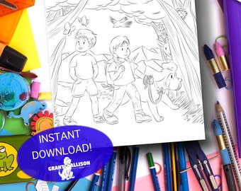 May include: Black and white line drawing of two children and a dog walking through a forest. The children are wearing casual clothing and the dog is on a leash. The drawing is on a white background.