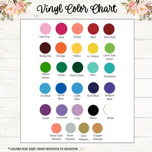 May include: Vinyl color chart with a variety of colors, including soft pink, pink, coral, red, dark red, burgundy, orange, yellow, light yellow, lime tree green, yellow green, green, dark green, mint, turquoise, ice blue, azure blue, light blue, dark blue, brilliant blue, violet, lavender, lilac, black, white, rose gold metallic, silver metallic, gold metallic, and copper metallic. *Colors may vary from monitor to monitor.*