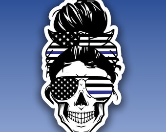 Thin Blue Line Messy Bun Skull Sticker - vinyl sticker